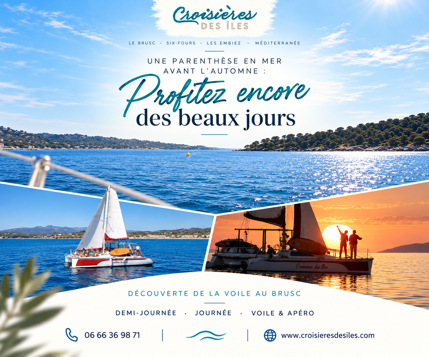Catamaran de Croisières des Îles en navigation au large de Six-Fours-les-Plages, pour une découverte participative de la voile près des îles des Embiez.